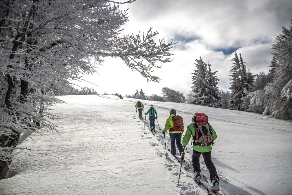 Skieurs de randonnée en file indienne dans les Pyrénées